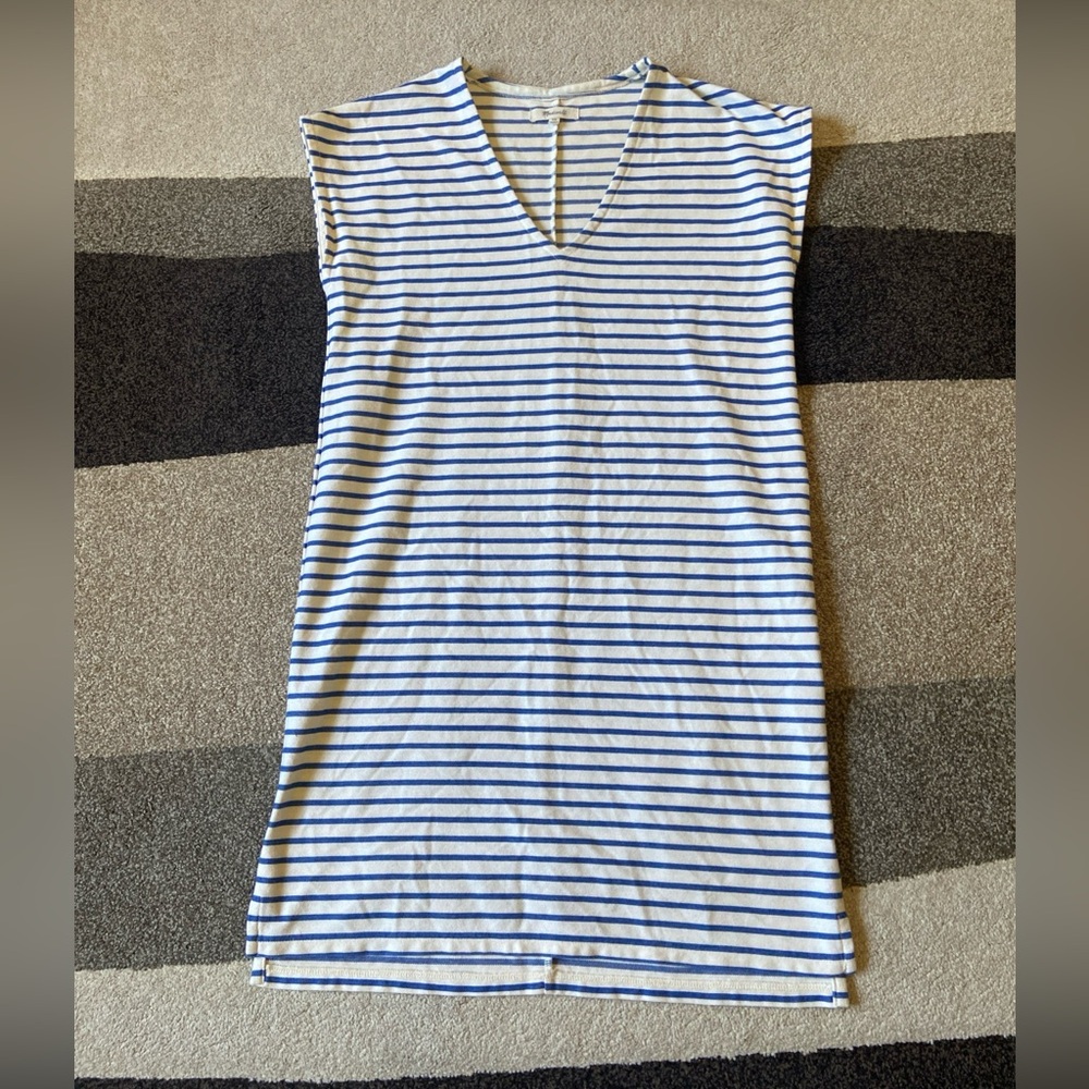 Madewell Vacancies T Shirt Dress Blue Ivory Striped V-neck Cap Sleeve SZ XS